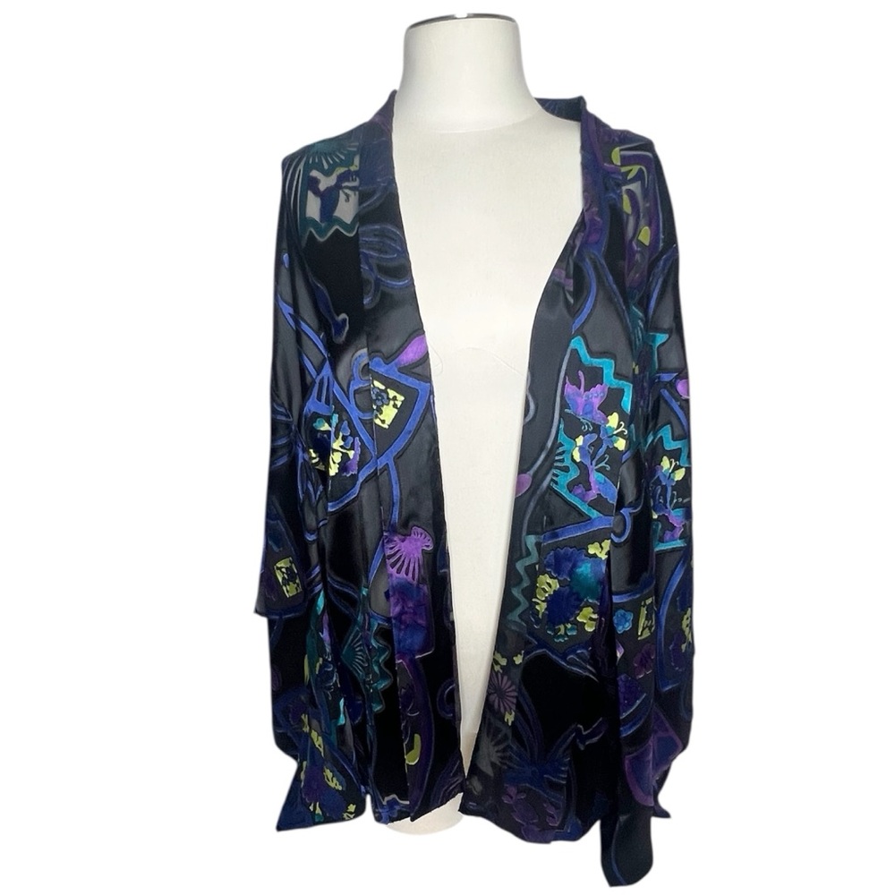 Chico’s black & multicolor print silk blend open front short kimono size 3 (16)